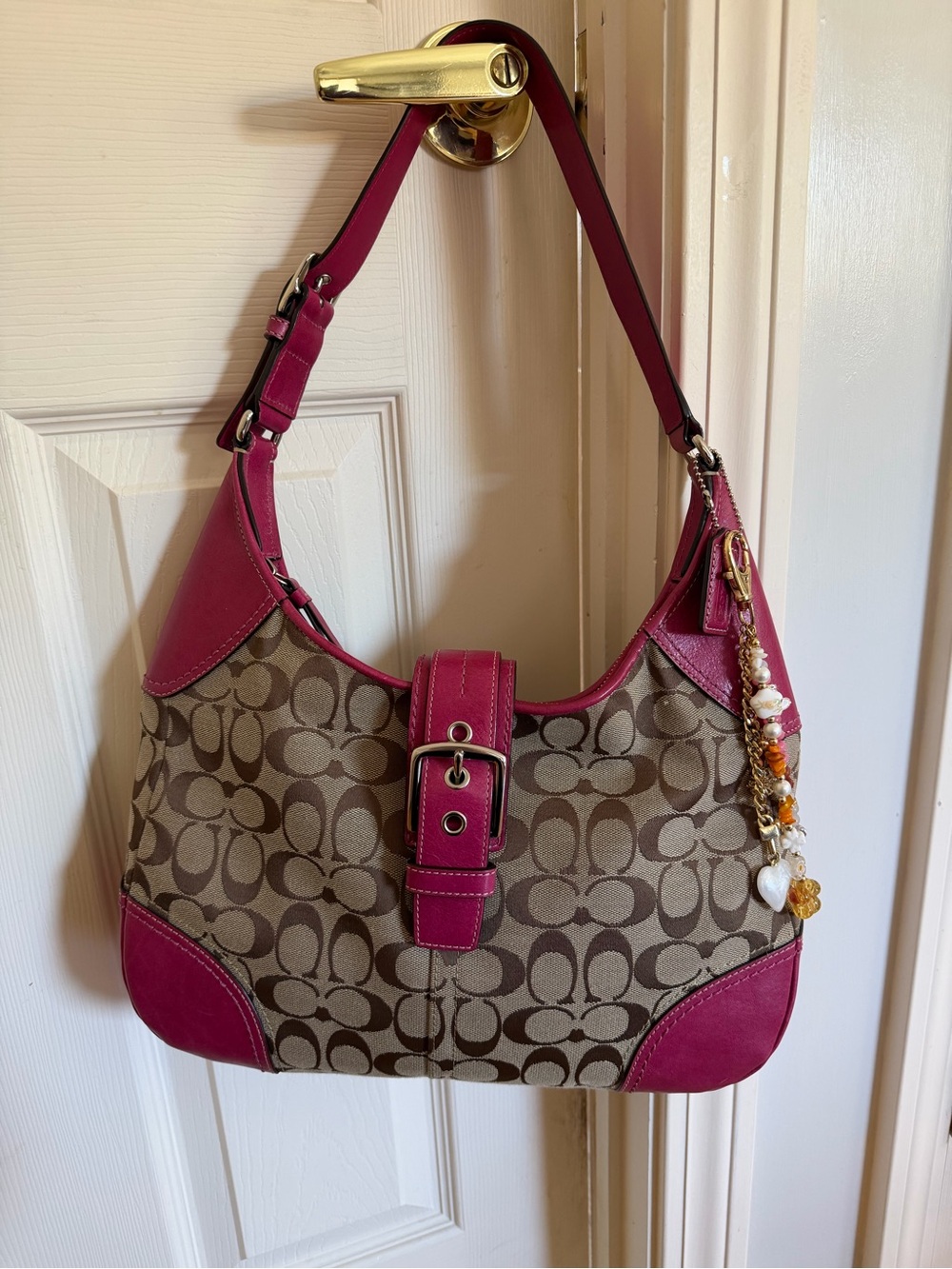 Coach Signature Canvas Shoulder Bag with Pink Trim